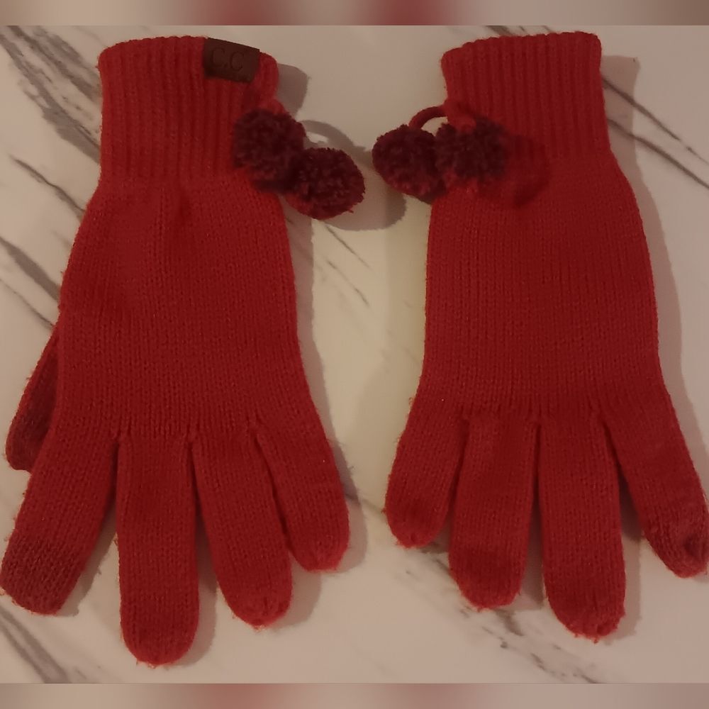 C.C Red Knit Gloves with Pom-Poms - Picture 1 of 5